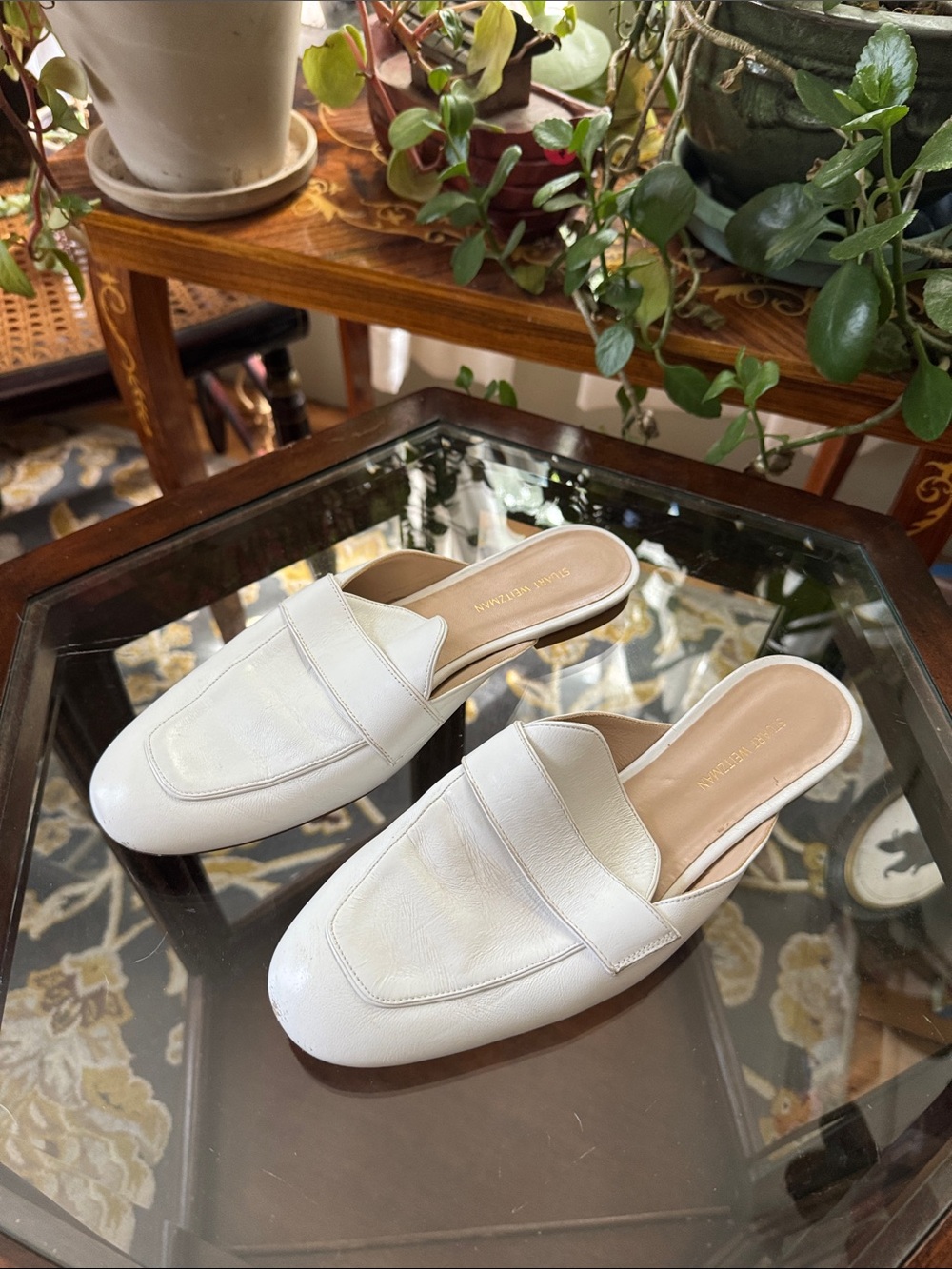 Stuart Weitzman White Leather Slip-On Mules